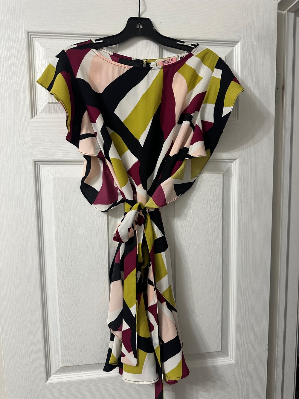 Abstract Print Tie-Waist Dress in Olive, Pink & Black